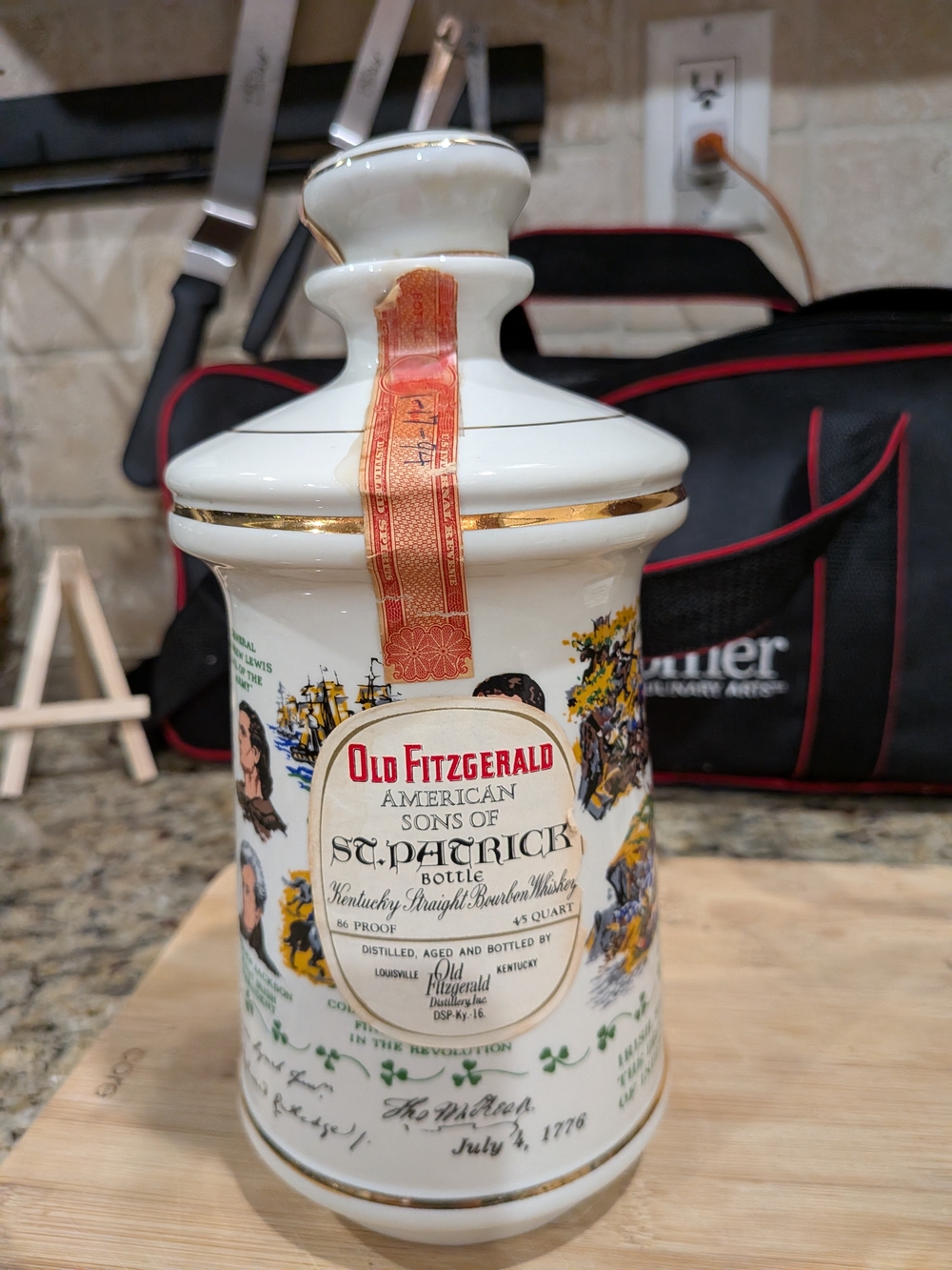 Old Fitzgerald St. Patrick Ceramic Decanter in White with Gold Trim